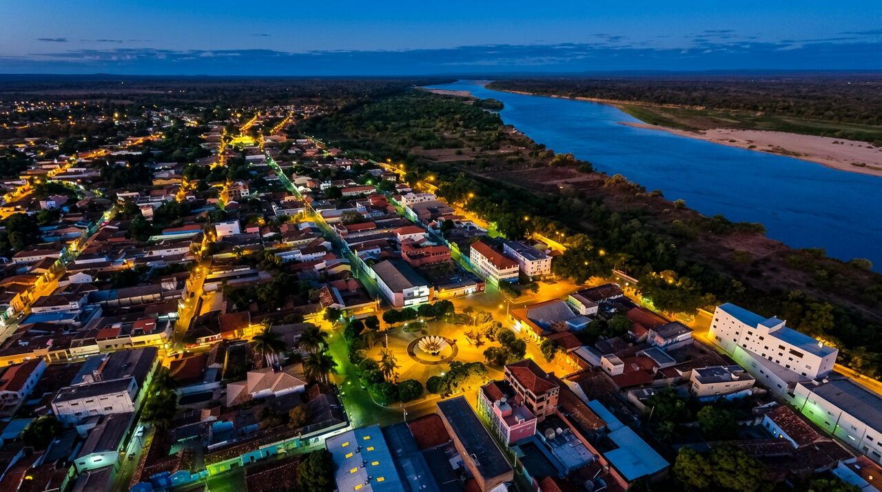 Vista aérea de Januária - MG ao entardecer, com o Rio São Francisco e a praça central iluminada